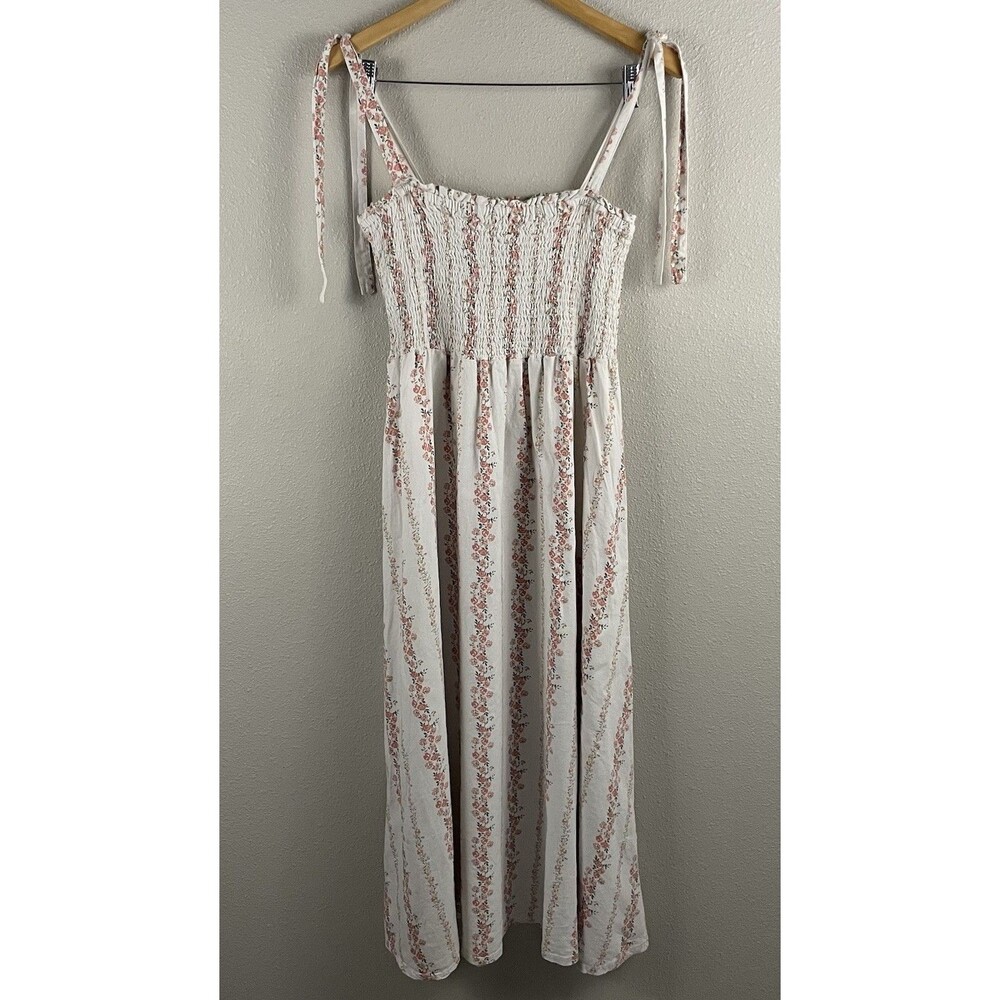 Springfield Women’s 6 Floral Tie Shoulder Smocked Midi Dress Linen Blend Cottage